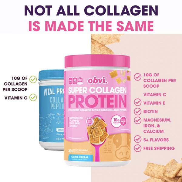 A square 1:1 image layout contrasting a competitor product with Super Collagen Protein, highlighting specific ingredient and benefit advantages.